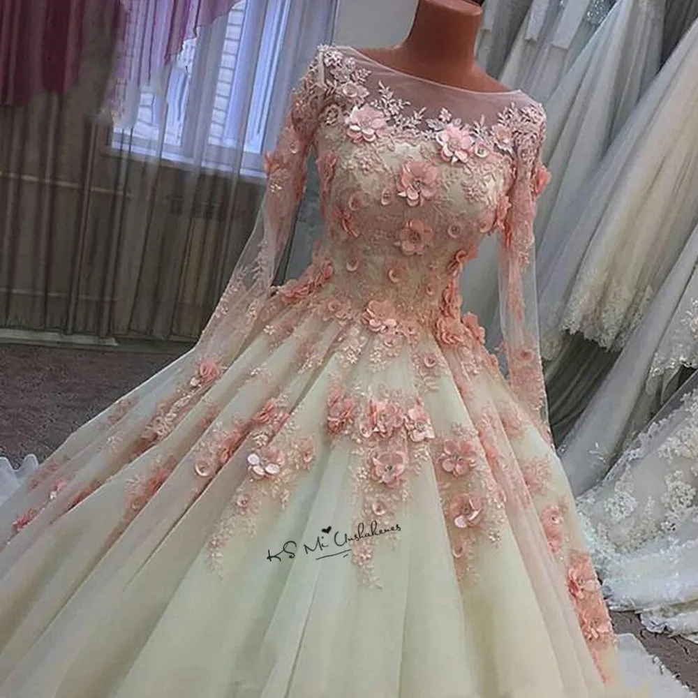 Розовые Свадебные платья с объемными цветами Vestido de Noiva Princesa, свадебные платья с длинным рукавом, кружевное винтажное платье для невесты в стиле бохо Gelinlik