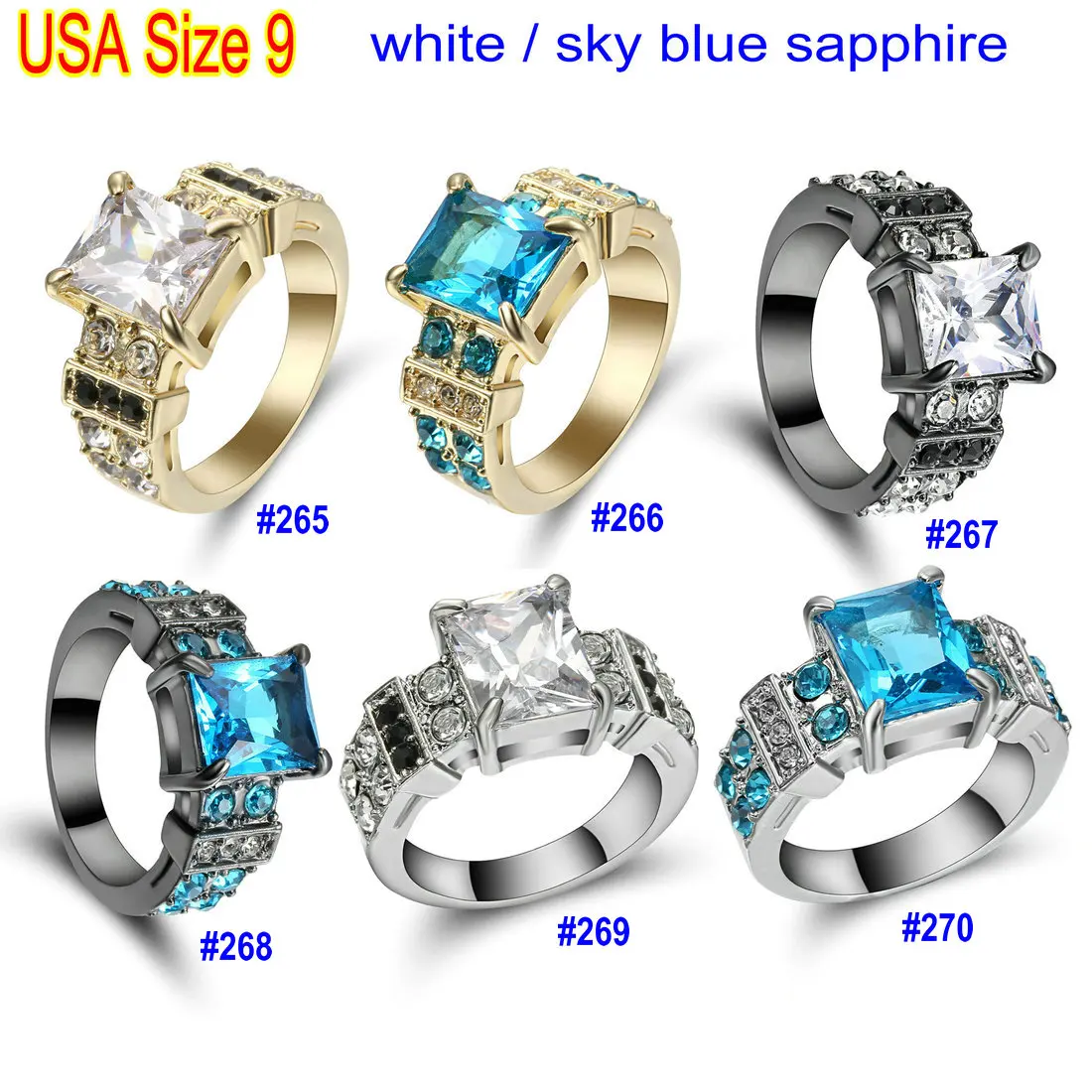 TianBo New Sky-blue / Clear Crystal Design Geometric White Black /Gold Colour Jewlery Male Female Vintage Wedding Ring Size 9 | Украшения и