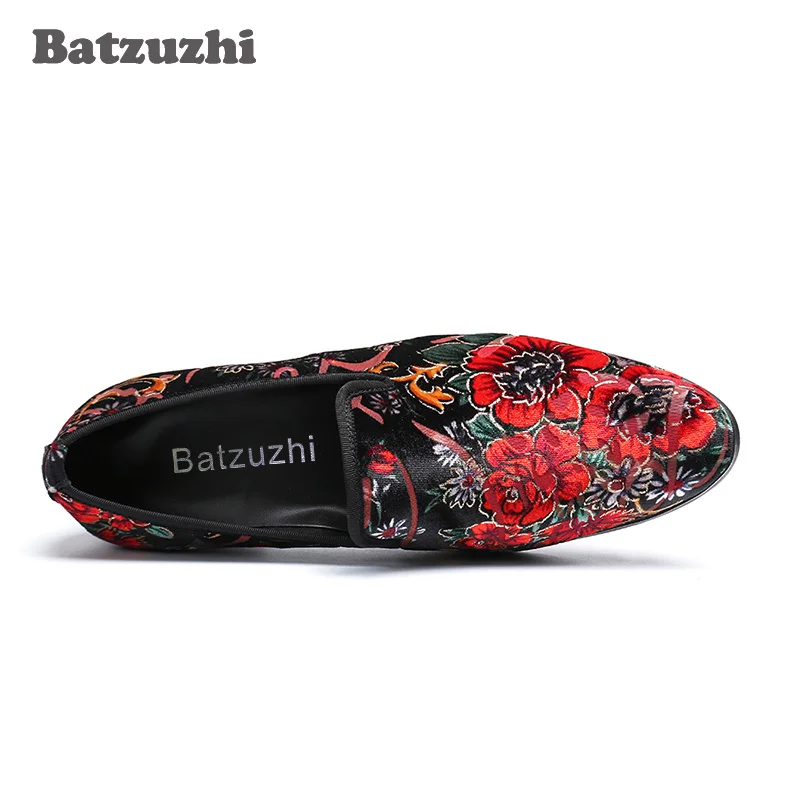 Batzuzhi Handmade Men Shoes Fashion Genuine Leather Loafers Print Flowers chaussure homme Party Casual Leather Shoes Men, Big 46