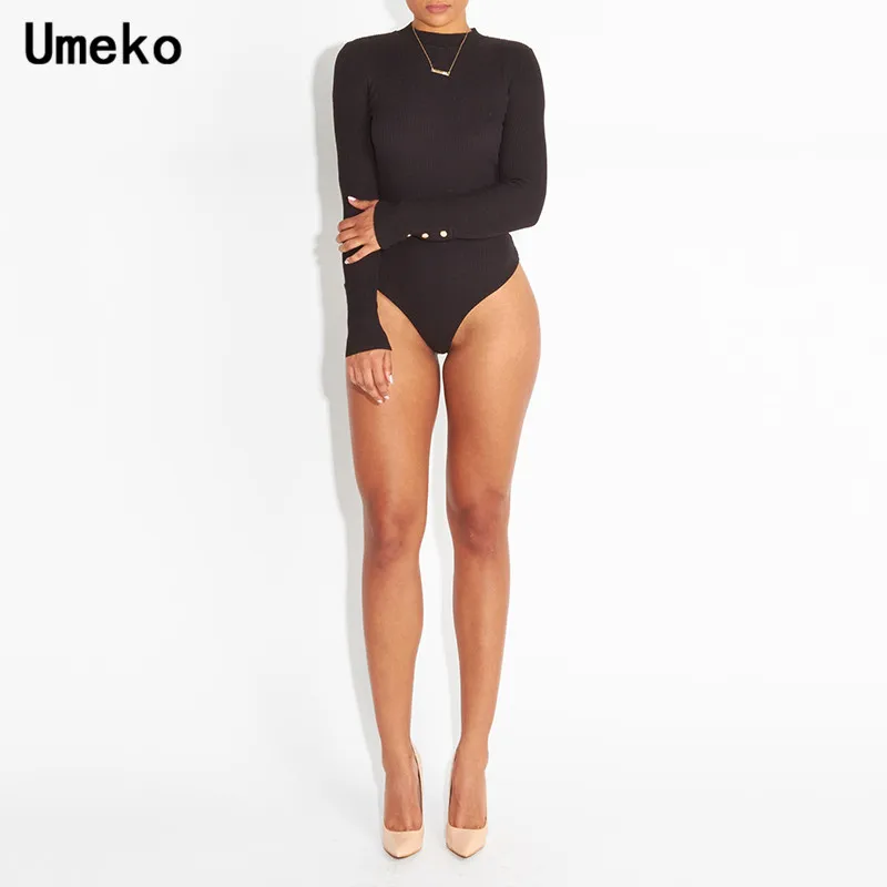 Umeko Rib трикотажный эластичный облегающий костюм женский сексуальный длинный рукав макет-шеи черный серый простой обтягивающий Детский комбинезон весна-осень боди