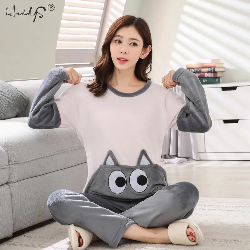 Women Totoro Фланелевая зимняя женская теплая Пижама с рисунком кота из мультфильма с длинными рукавами и длинными штанами, плюс толстый домашний костюм с круглым вырезом, пижамные комплекты - Цвет: Women Totoro