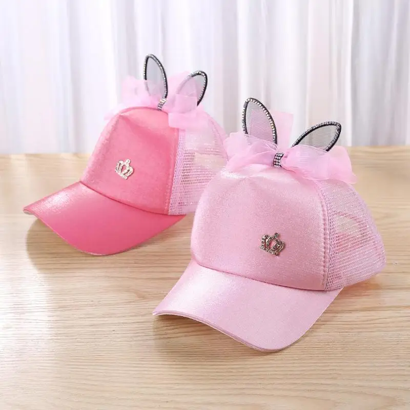 Summer Girls Baseball Cap with Silk Ribbon Ears Cute Kids Outdoor Sunscreen Peaked Children Breathable Visor Sun Shade Hat | Детская
