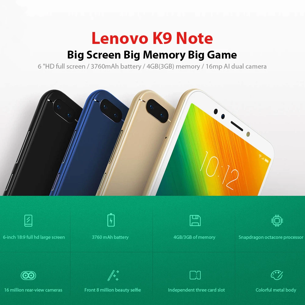 Смартфон lenovo K9 Note с глобальной версией, 4 ГБ, 64 ГБ, Snapdragon 450, ОС Android 8,1, 3760 мА/ч, 6,0 дюйма, с функцией распознавания лица, Восьмиядерный мобильный телефон