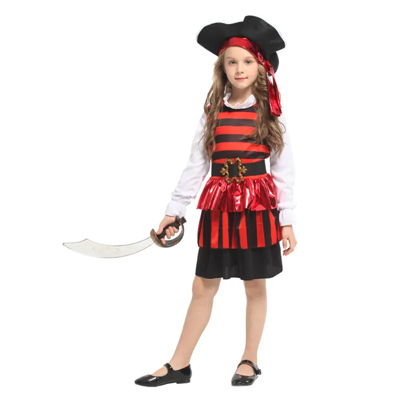 Kids Child Cute Red Black Striped Pirate Buccaneer Costume for Girls Fancy Halloween Carnival Party Masquerade Mardi Gras Dress |