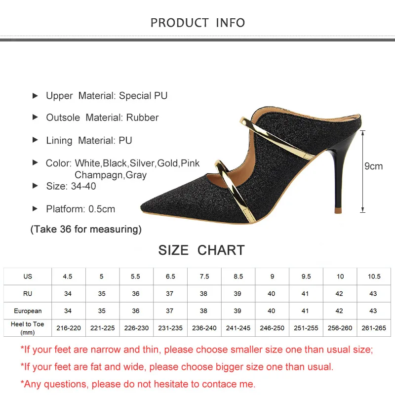 

2019 New Summer Women Mules Slippers High Heel Pointed Toe Metal Bling Sexy Ladies Women Shoes Champagn High Heel Outside Slides