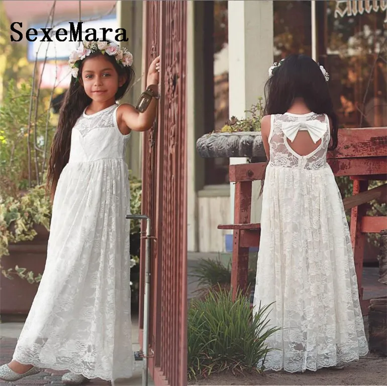 White Lace Keyhole Back Flower Girl Dresses for Wedding Applique Floor Length Girls Birthday Gown Christmas Dress Size 2-16 Year | Детская