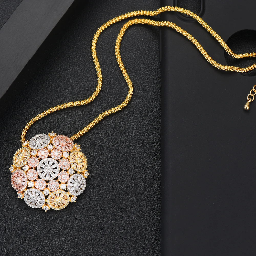 SISCATHY Fashion Long Chain Cubic Zirconia Flower Pendant Necklace Stud Earrings Jewelry Set Bridal Wedding Party Gifts | Украшения и