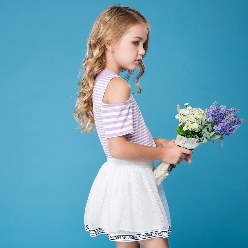 Платье для девочек лето 2019 новые комплекты одежды маленьких полосатая футболка +