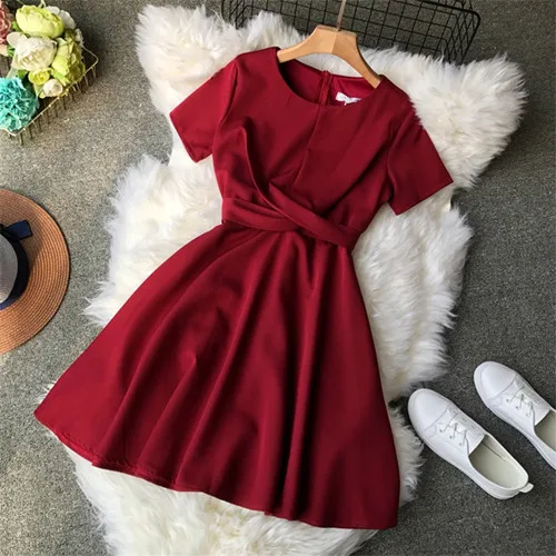 wine red Тонкое женское летнее Бандажное Мини Короткое платье, вечерние женские повседневные платья, элегантное вечернее платье трапециевидной формы с галстуком - Color: wine red