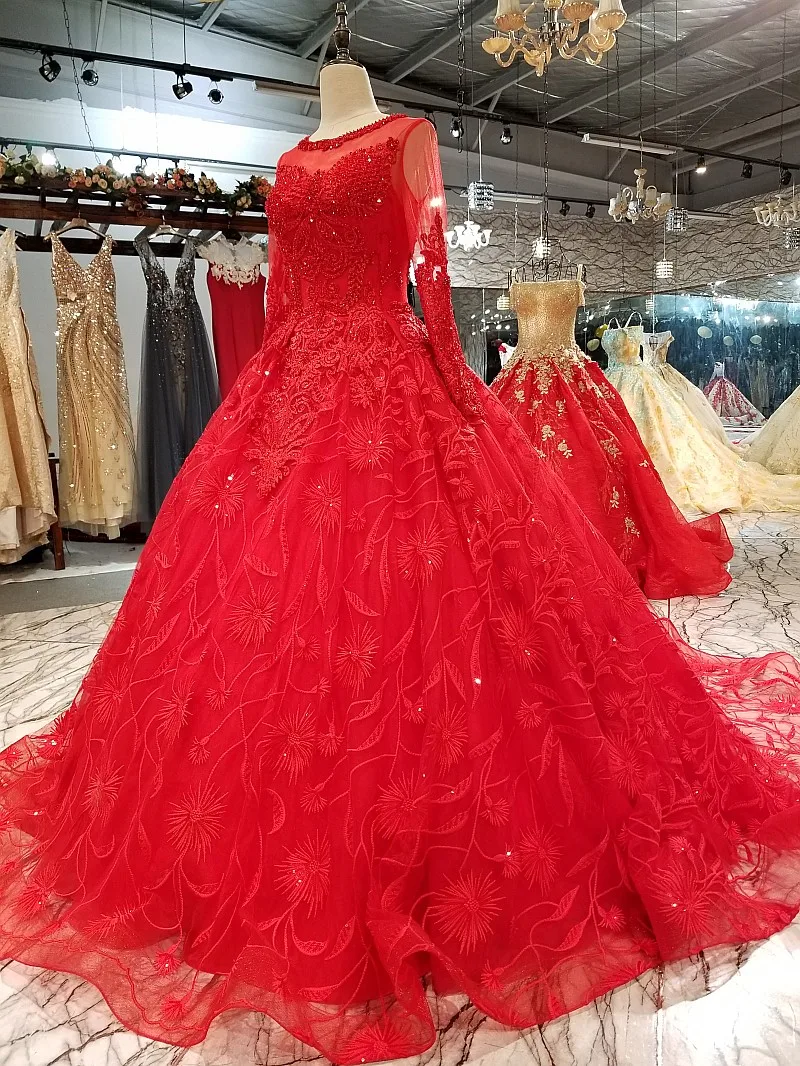 LS34571 винтажное красное свадебное платье невесты с круглым вырезом и длинным