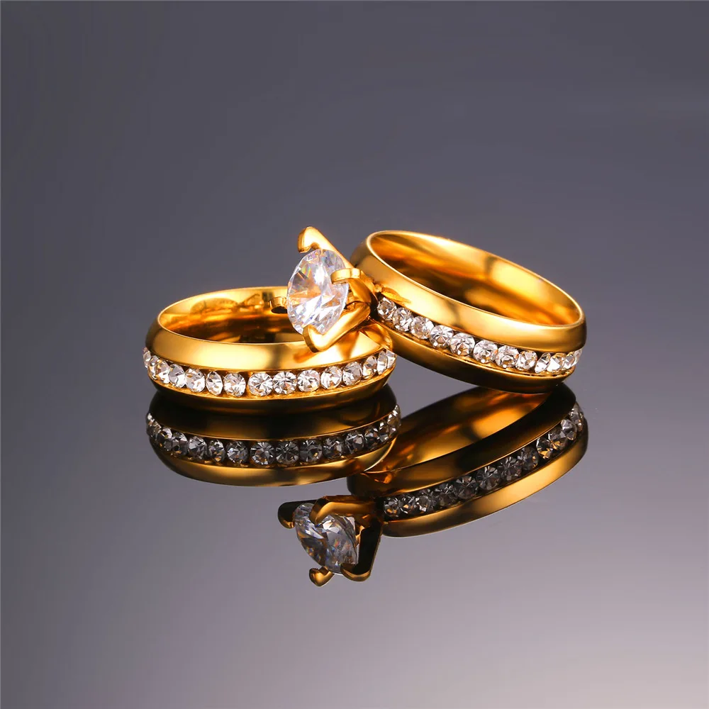 Women Wedding Ring Sets For Lovers Couple Rings Crystal Rhinestone yellow Gold Color Stainless Steel Wholesale R1314 | Украшения и