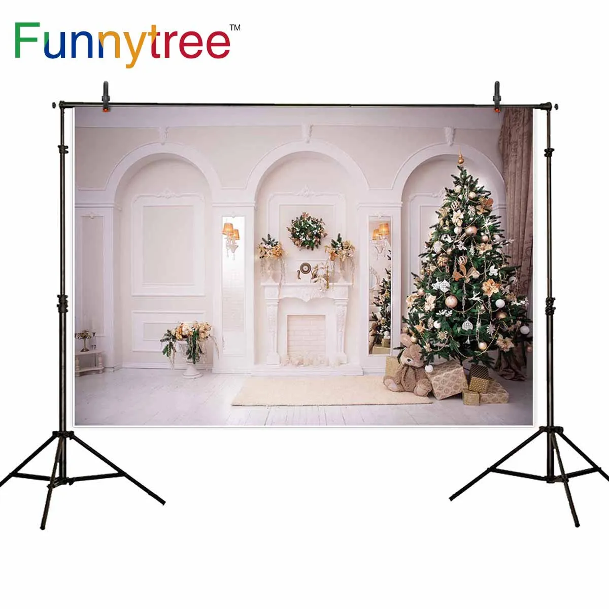 Фон Funnytree для фотостудии Рождественская елка в белой комнате цветы украшение