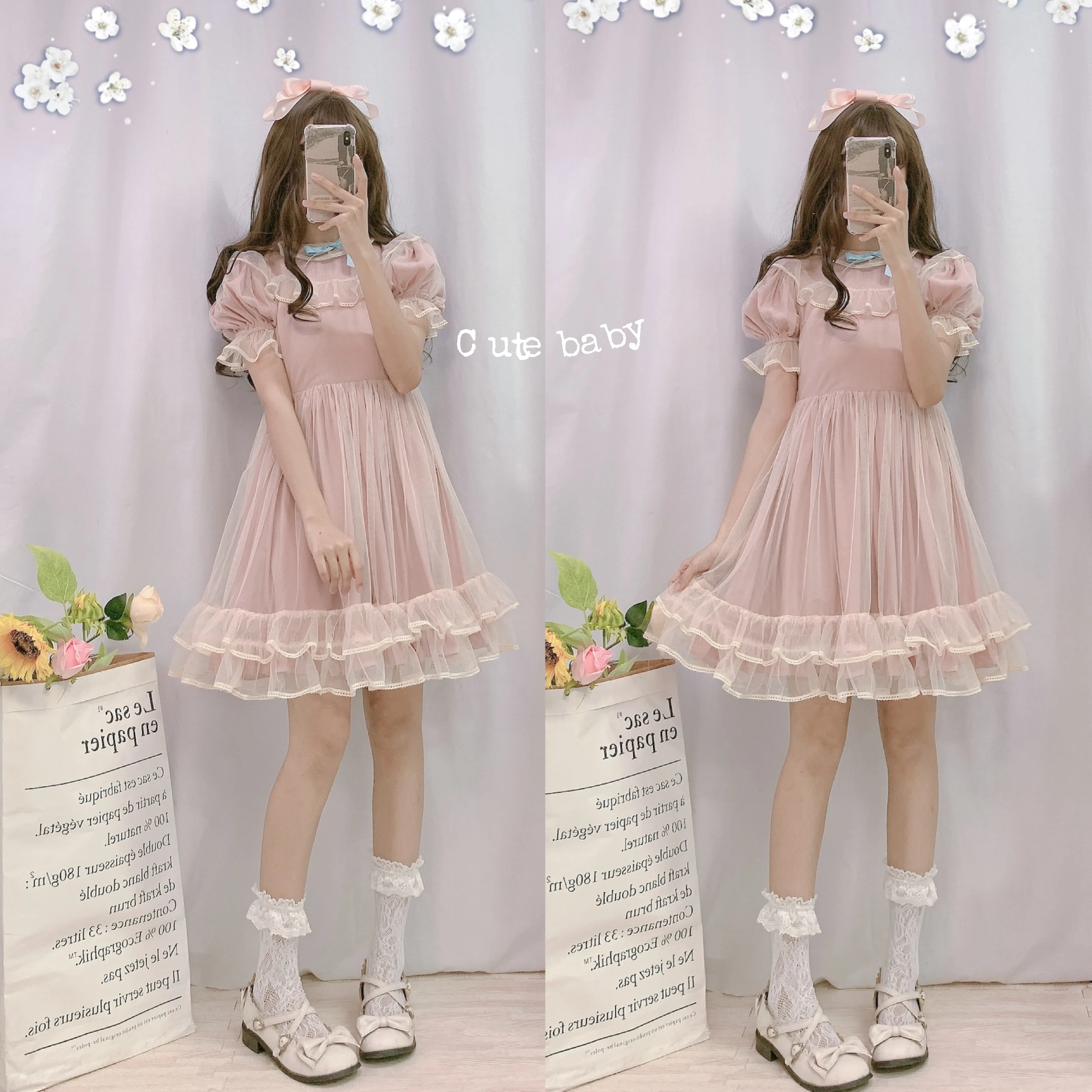 Японское платье лолиты для женщин Kawaii летнее мягкое милое Сетчатое платье феи с пышными рукавами