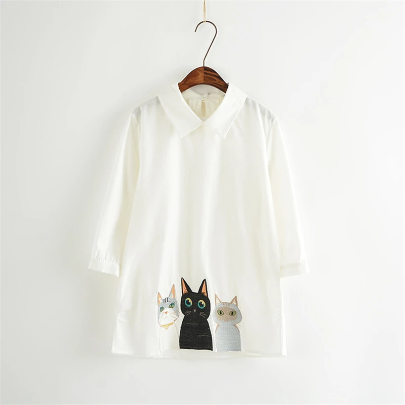 Белая Летняя женская рубашка с воротником, мультяшная Милая женская модная повседневная рубашка с вышивкой кошки BS105