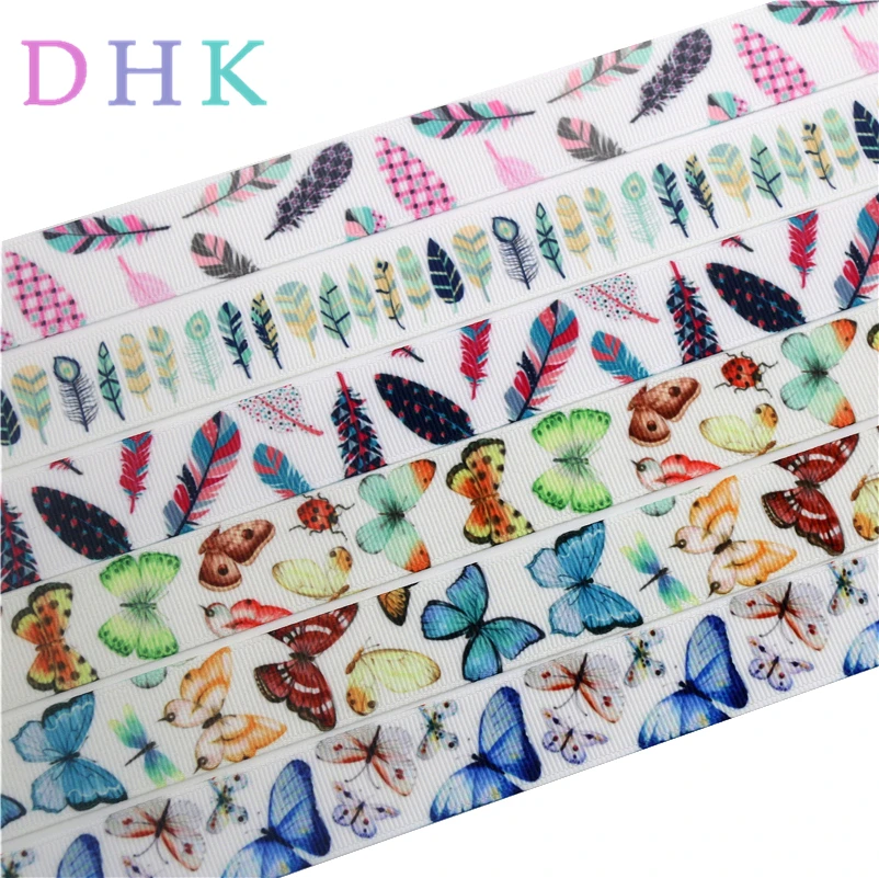 DHK 7/8 'ཆ ярдов перо бабочка печать grosgrain ленточный аксессуар бант для волос