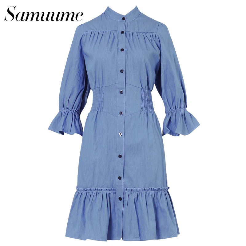 Samuume бабочка три четверти рукавами джинсовые платья 2017 женская обувь Симпатичные