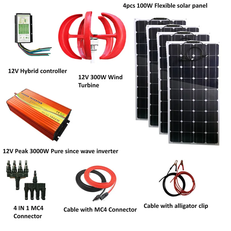 

700W Wind Solar Power System: 400W flexible panel,300W Wind Turbine Generator,peak 3000w pure since wave inverter, controller