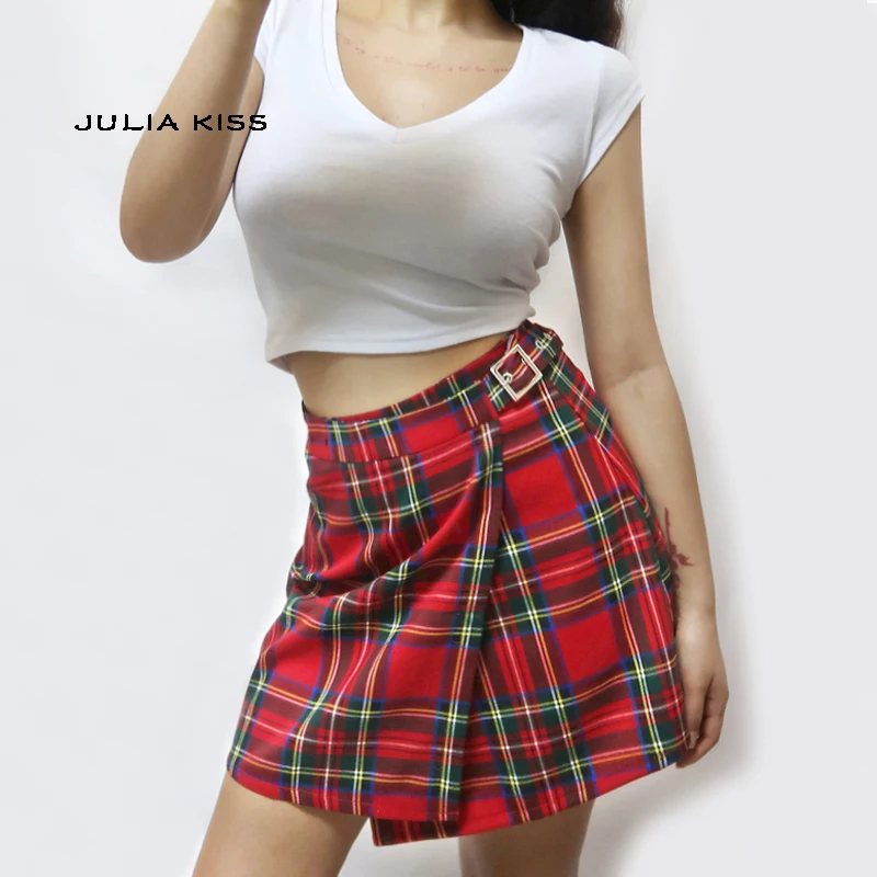 

Women England Style Plaid Skirt With Adjustable Buckle Waist Wrap Mini Skirt