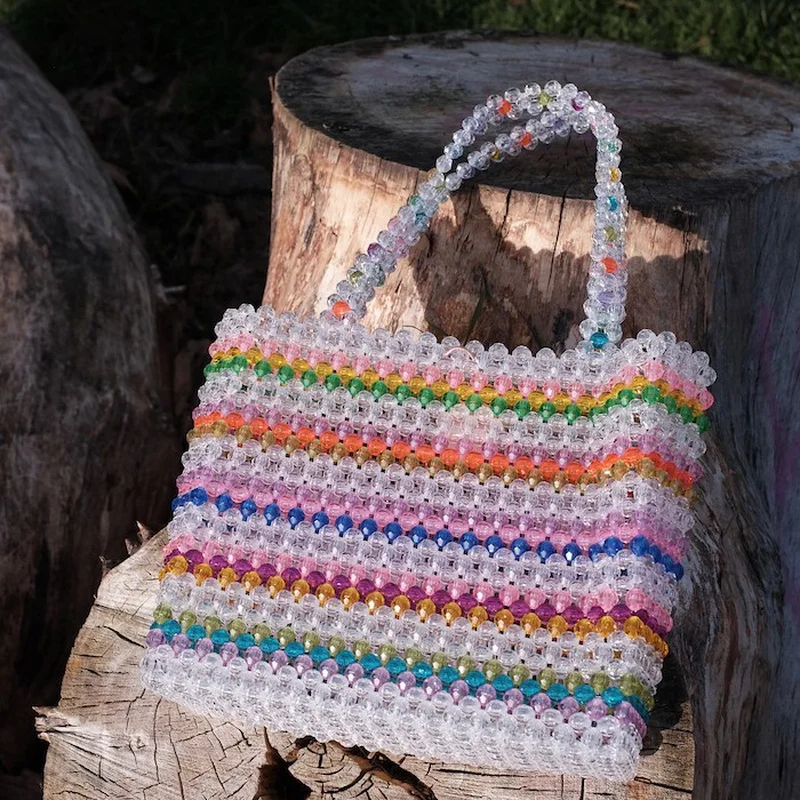 Разноцветные полосатые бусины сумки Lady beaded Сумки тканые Девушки Симпатичный с