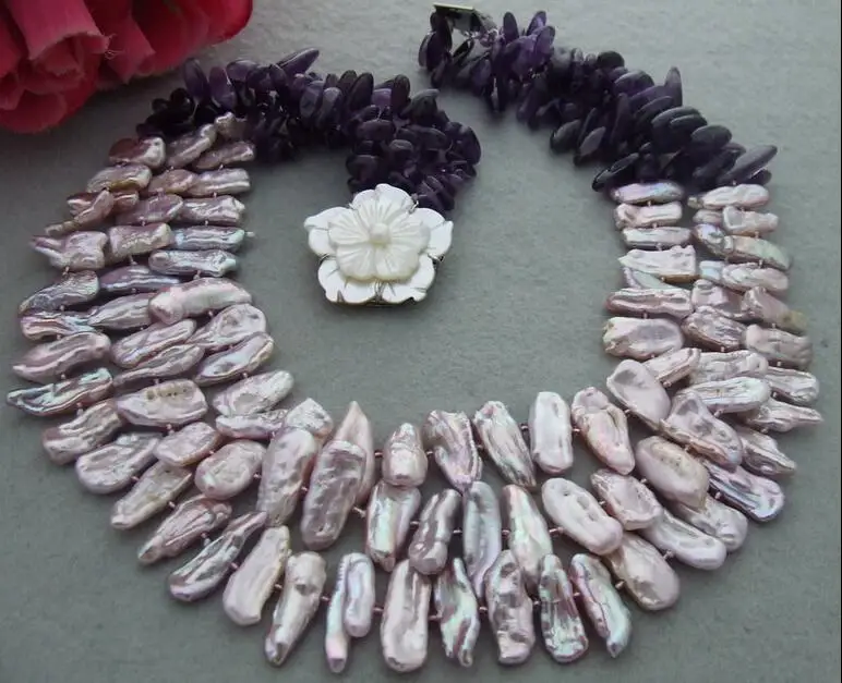 Красивое 3 рядное фиолетовое кристаллическое жемчужное ожерелье|Цепочки| |