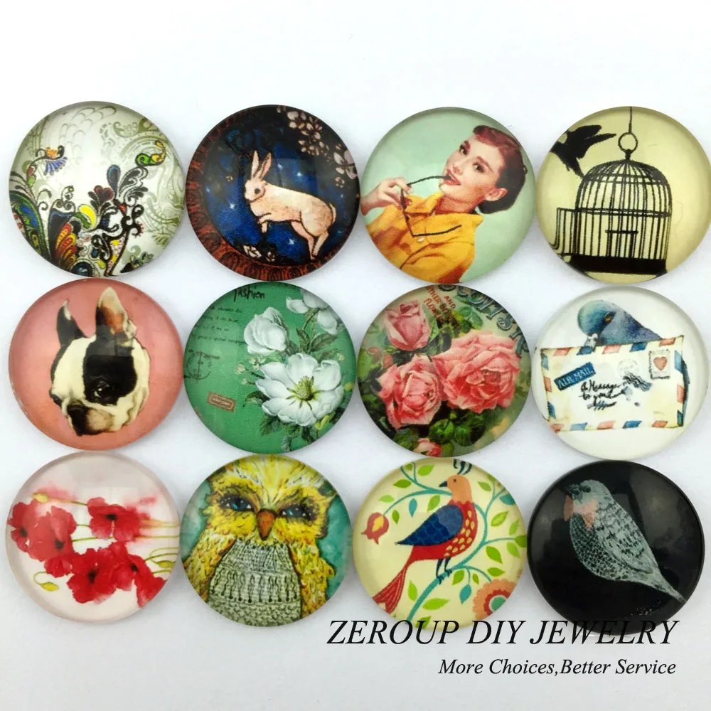 

ZEROUP 12mm 20mm Round Photo Glass Cabochon Mixed Pattern Fit Cameo Base Setting for Jewelry Flatback BCH399