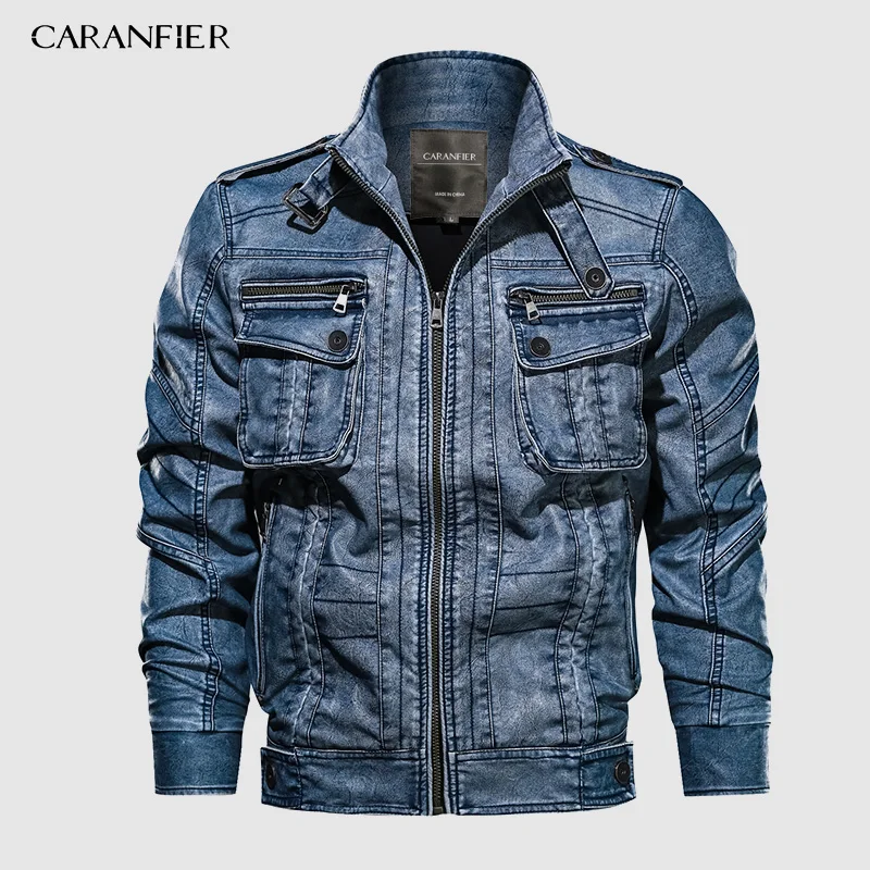 CARANFIER мужские кожаные куртки зимние плюс бархатные ВИНТАЖНЫЕ пальто Твердые стоячий воротник мотоциклетная молния карманы Верхняя одежда
