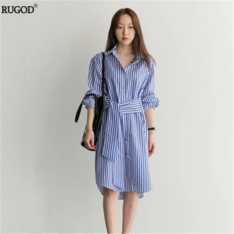 Rugod Blue Striped Tunic Shirt Dress Women Long Sleeve Elegant Straight Female Cusual Summer Office Ladies Vestidos | Женская одежда