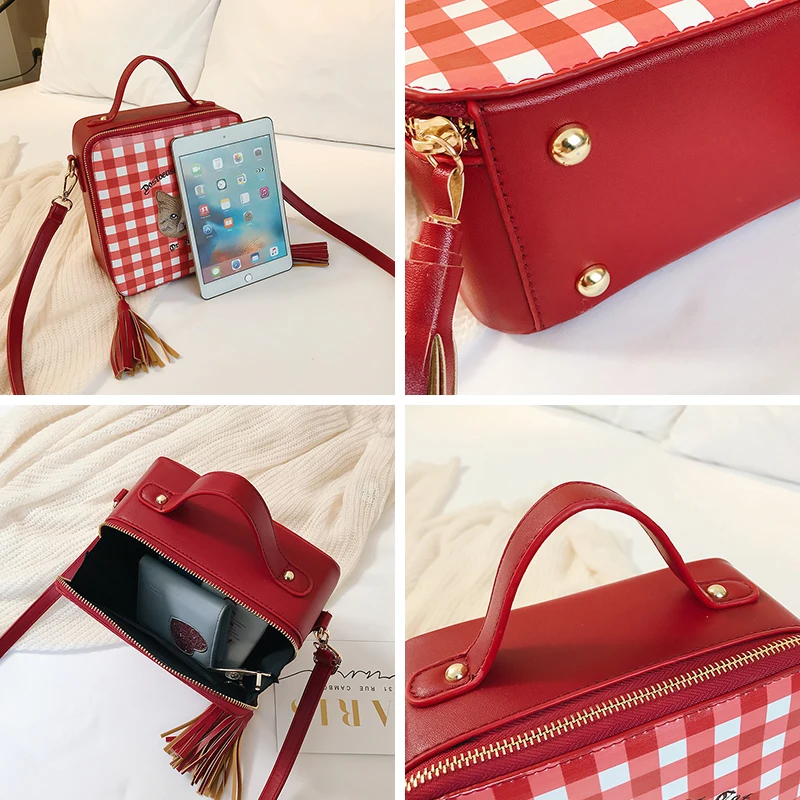 

Cute Fashion Plaid Cat Pattern Tassel Box Handbag Shoulder Bag Crossbody Messenger Bag For Women Totes Bag Female Box Bag