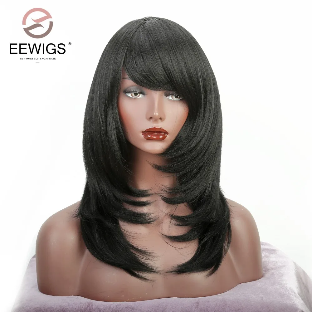 EEWIGS короткий парик с Косой взрыва натуральный яки прямые синтетические парики для женщин черный коричневый парик термостойкие натуральные волокна