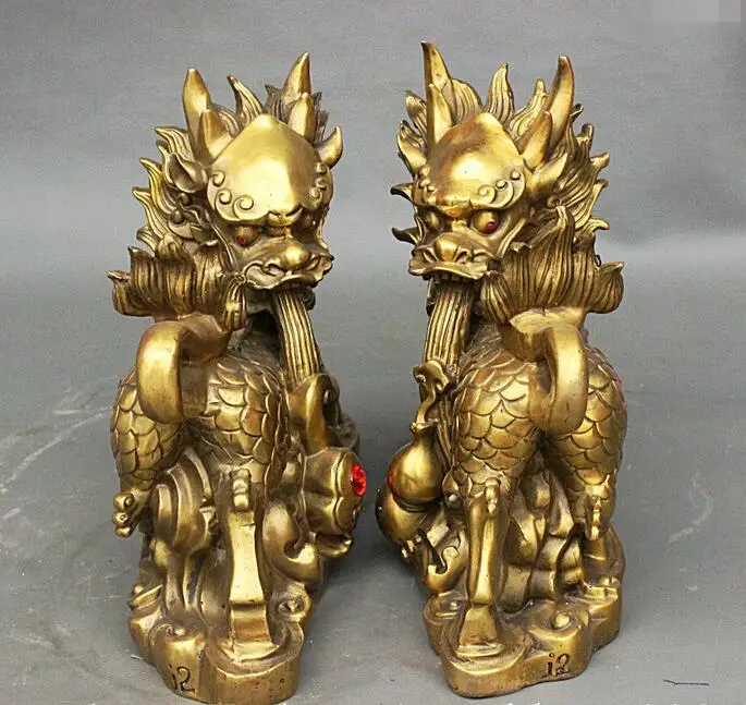 10 &quotКитайский Фэншуй Чистая Латунь Дракон Kylin Единорог Косы RuYi Тыква Статуя Пара