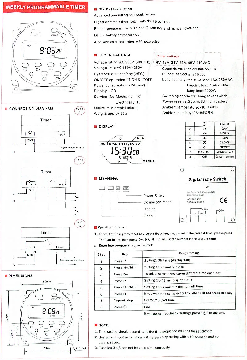 

LCD Power Digital Timer Switch 12V/24V/110V/220V AC/DC 7 Days Programmable Time Switch And CN101A\102A Relay Control Accessories