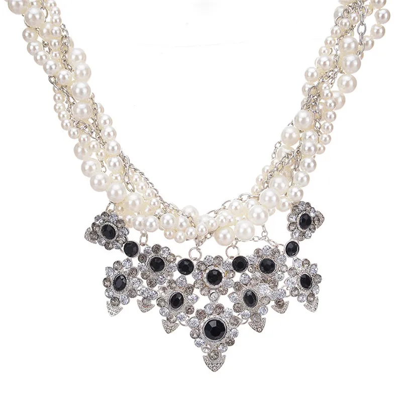 Retro Imitation Pearl Multilayer Strand Necklace Statement Rhinestone Pendant Big Necklaces Women Collar de mujer CZ9188 | Украшения и