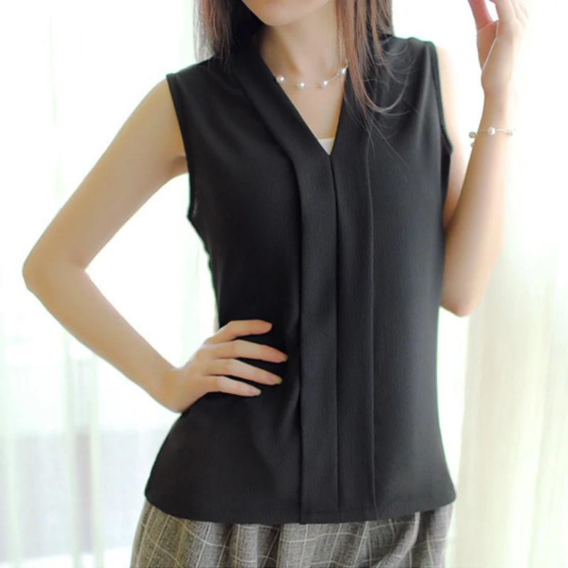Женская шифоновая блузка без рукавов с V-образным вырезом |