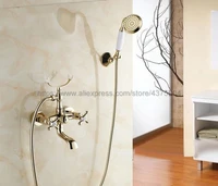 Luxury Gold Color Brass Wall Mount Bathtub Faucet Dual Handles Swivel Spout Mixer Tap with Hand Sprayer Ntf132