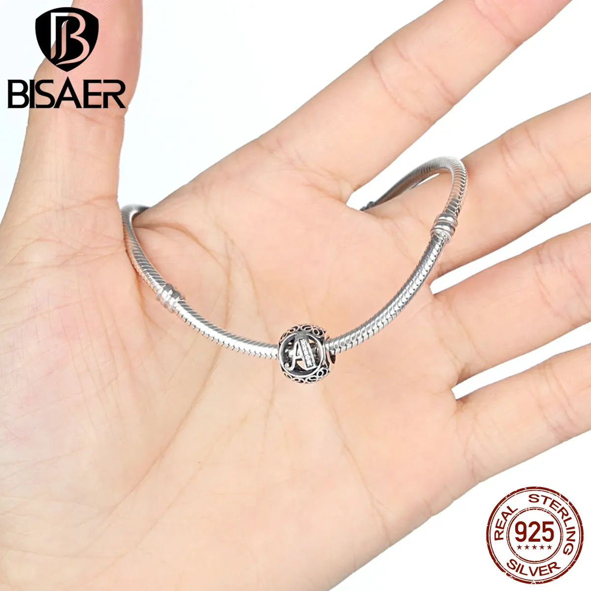 BISAER, натуральная 925 пробы, серебро, Винтаж, а до Т, прозрачный CZ, бусина буква, талисманы, подходят Pan, браслеты, ожерелья, изготовление ювелирных изделий, HTC008