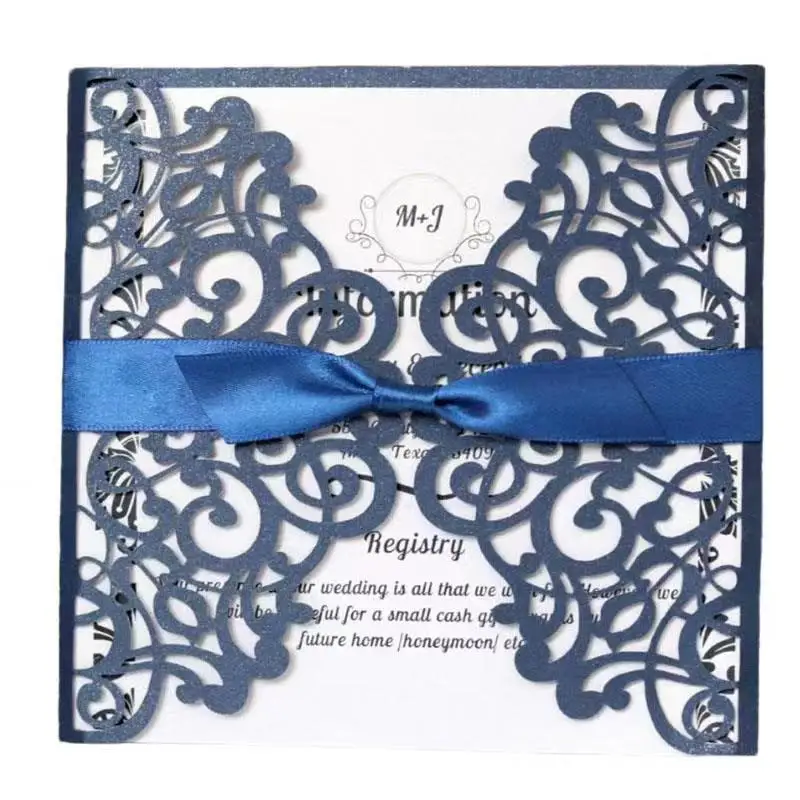 Navy Blue Wedding Invitations Laser Cut Invitation Card Square Greeting Cards with Ribbon Festive Party &amp Supplies | Дом и сад