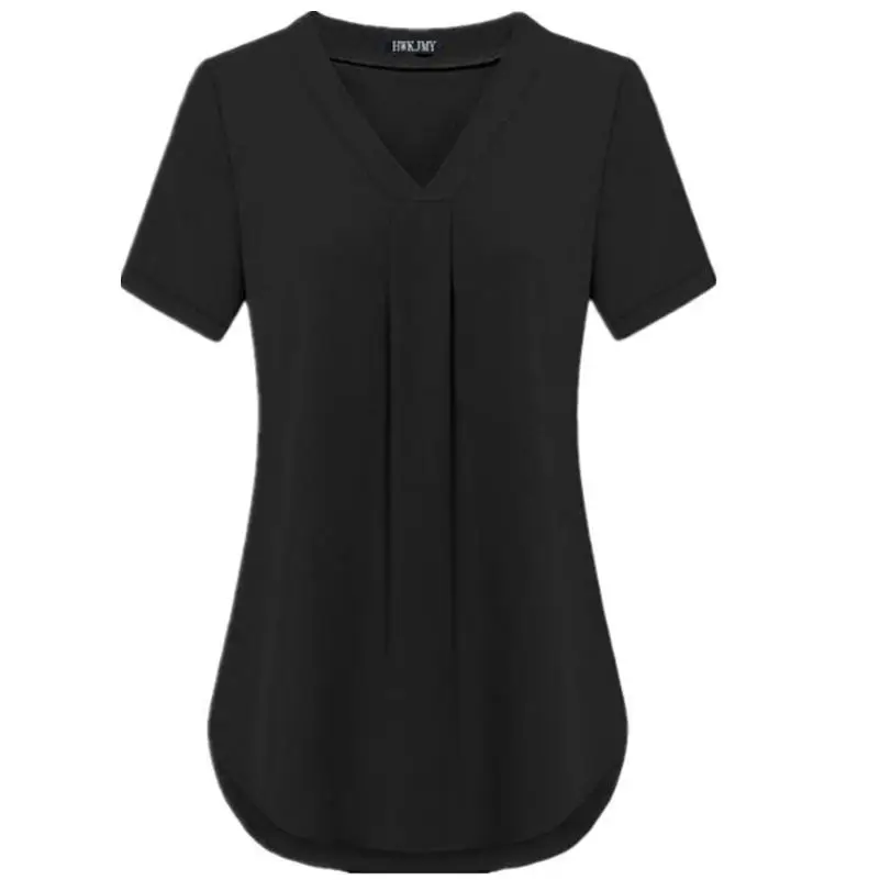 Черный Большие размеры, S-6XL, модная женская летняя шифоновая футболка, сексуальный v-образный вырез, короткий рукав, одноцветная футболка, топ, Повседневная Свободная плиссированная блузка - Цвет: Черный