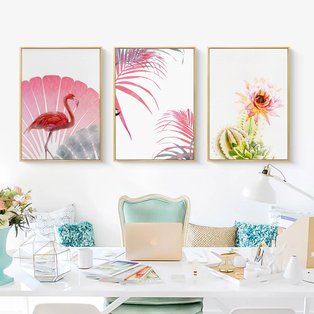 Pink Flower Peony Leaf Cactus Flamingo Wall Art Canvas Painting Nordic Posters and Prints Pictures for Living Room Decor | Дом и сад