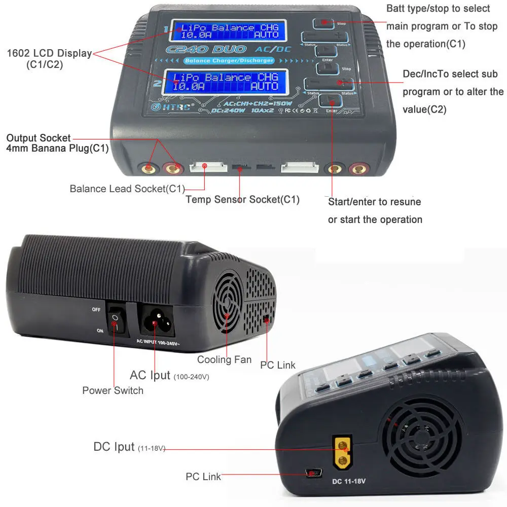 HTRC C240 DUO AC 150W DC 240W Dual Channel 10A RC Balance lipo зарядное устройство с гарнитурой для