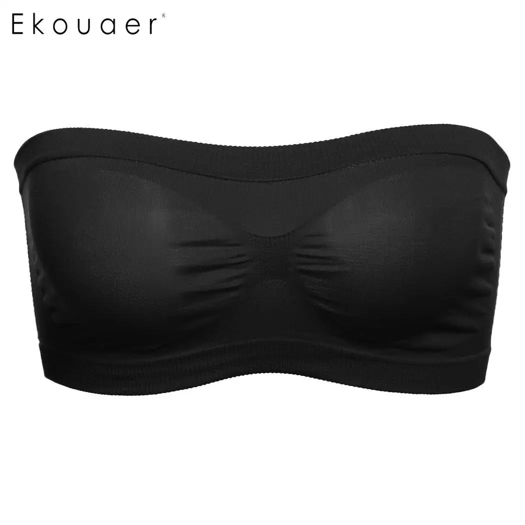Black Ekouaer, бесшовный топ, сексуальный, базовый, топ, бандо, нижнее белье для женщин, укороченный, полый, эластичный, Одноцветный, без бретелек, бюстгальтер - Цвет: Black