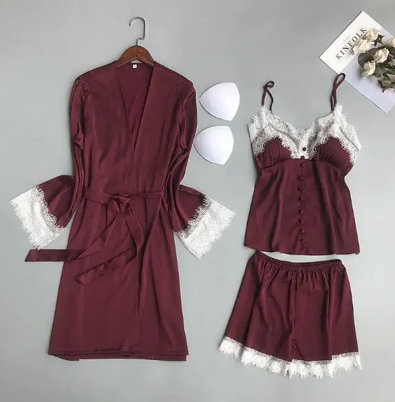 

Fdfklak 3 Pieces sleepwear pajamas women nightwear sexy silk lace women's pijamas set spring summer sleepwear pyjamas female