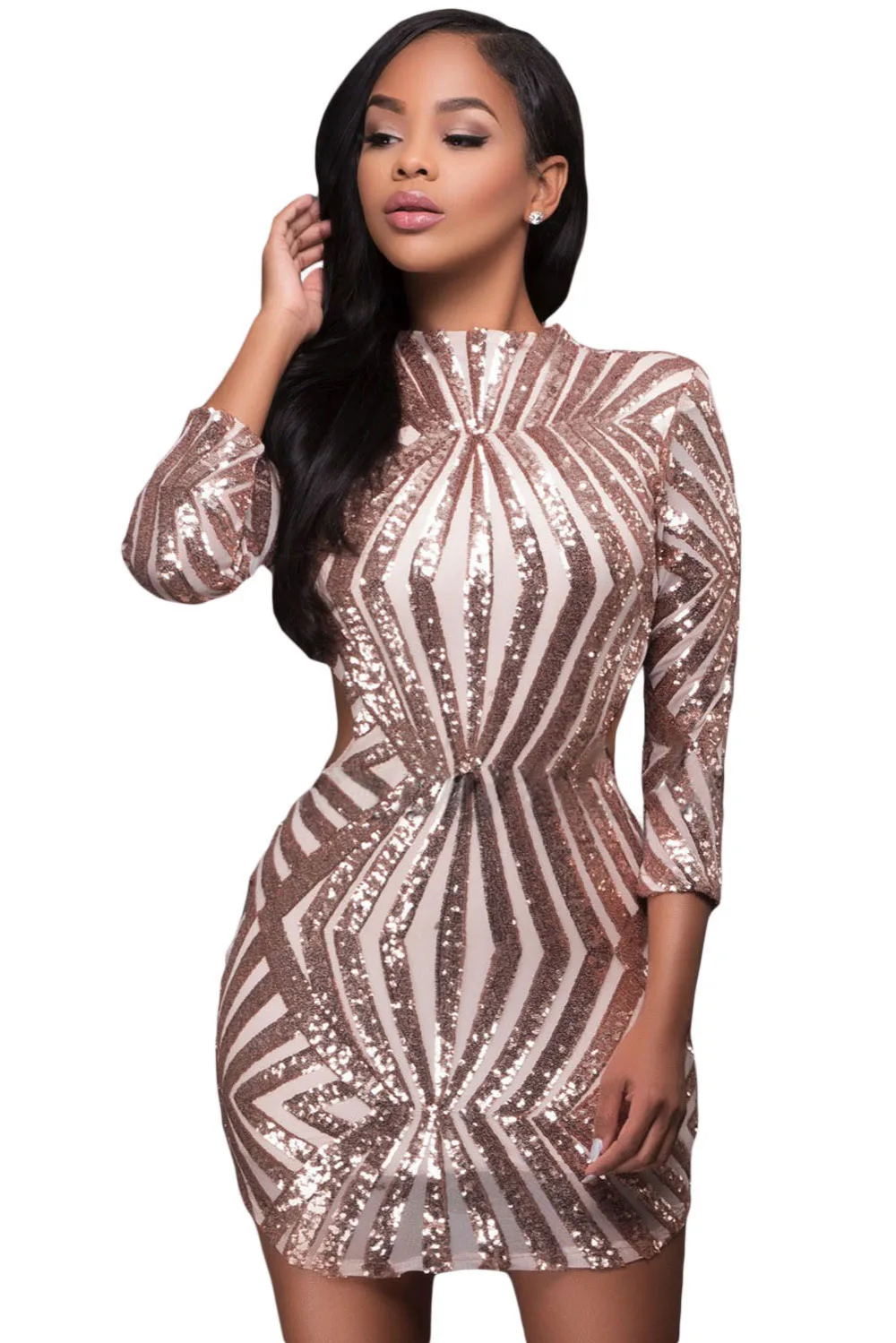 Champagne Sequin Detail Open Back Party Mini Dress 2017 Modest Fashion Long Sleeve Club Occasion Women's Clothing Dresses | Женская