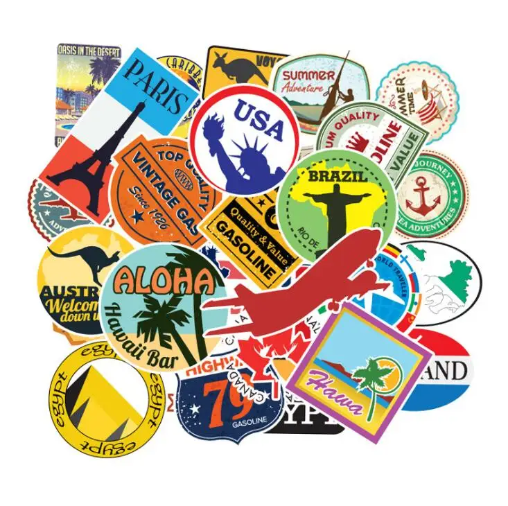 

10/30/50/100 Pcs/pack Retro Travel Landmark Stickers Waterproof Postage Building Decal Sticker Suitcase Scrapbook Laptop Guitar
