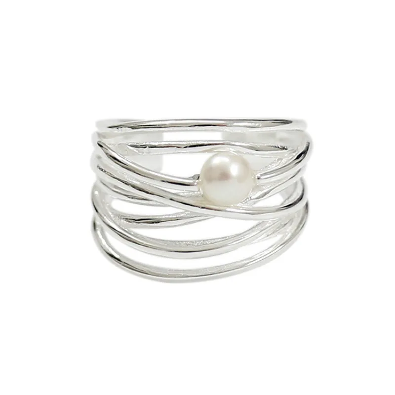 

Flyleaf Irregular Multi-layer Line Shell Fake Pearl Open Rings For Women INS Styl 100% 925 Sterling Silver Fashion Jewelry