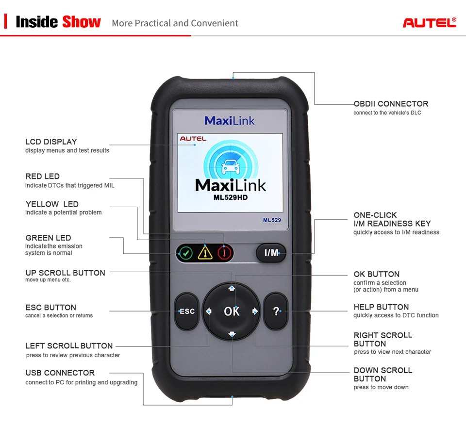 AUTEL MaxiLink ML529 Автомобильный сканер OBDII режим 6 OBD2 автомобильный диагностический инструмент eobd(система бортовой диагностики, встроенный поиск DTC Динамик ясно код ридер