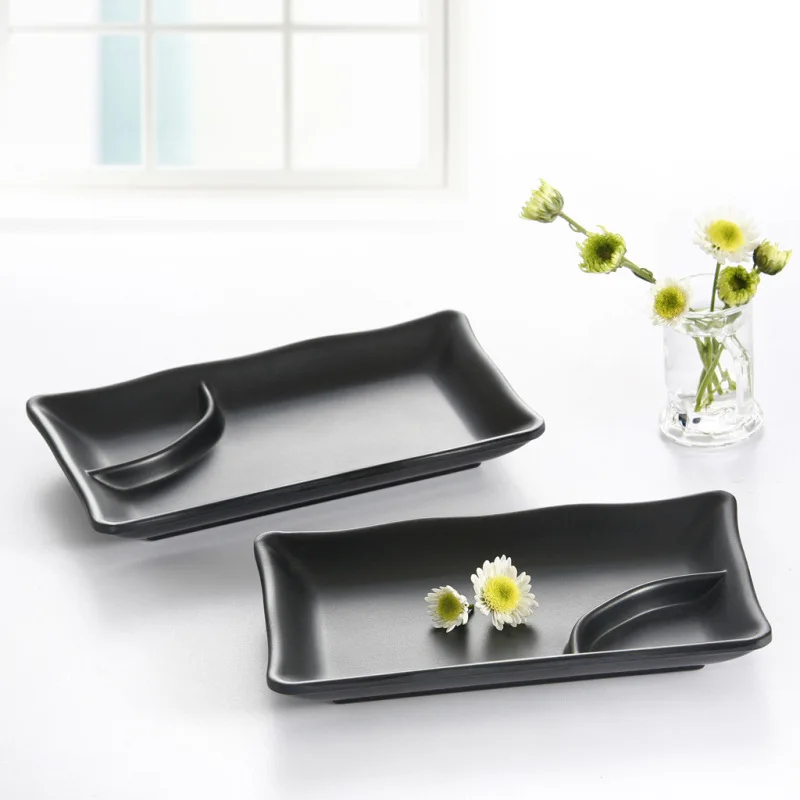 Black Frost Porcelain Imitation Rectangle Dish With Sauce Lattice Dinnerware Dinner Plate Japanese Cuisine Restaurant Tableware