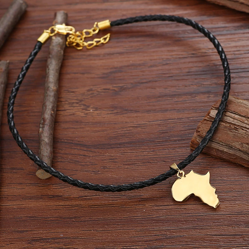 Женское колье чокер с подвеской в виде карты Африки золотистого цвета|black rope