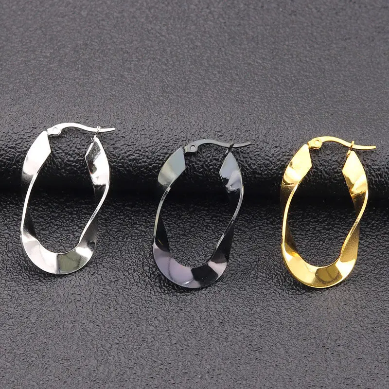 1 Pair Fashion Stainless Steel Hoop Earrings  & Black Oval Twisted Trendy For Women Girls Friend Jewelry Gift 35mm Long
