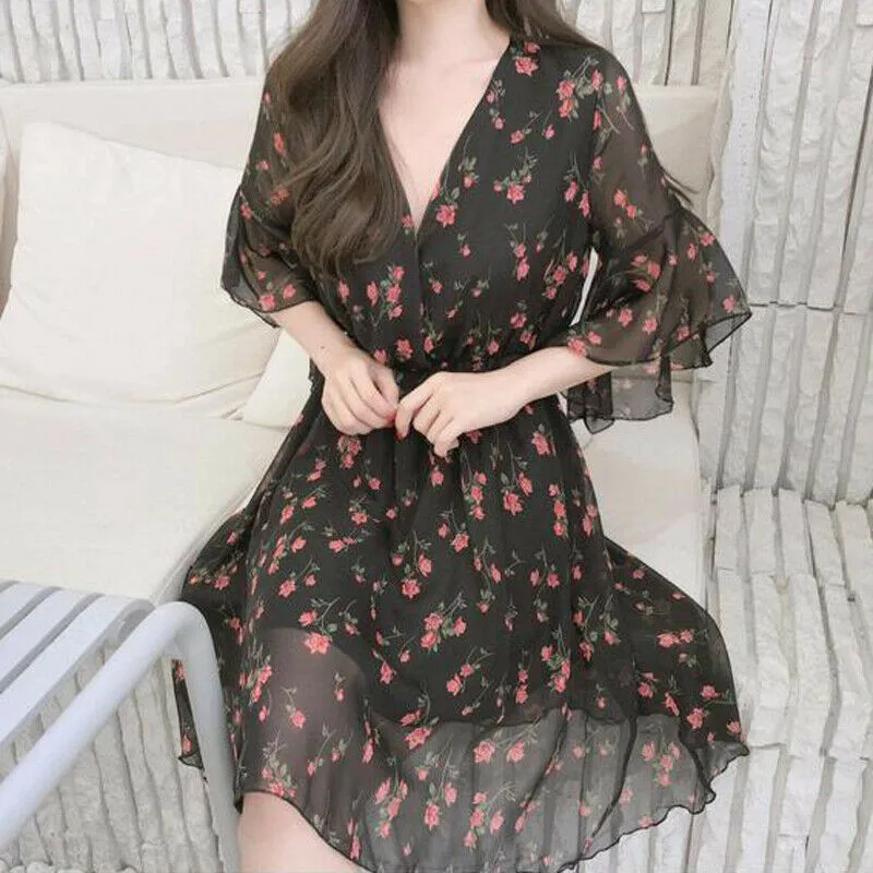 Милое женское шифоновое платье с цветочным рисунком для девочек расклешенным