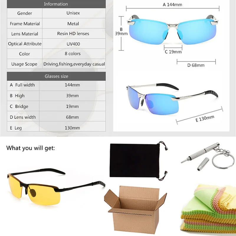 Square Sunglasses Men Polarized High Quality Brand Vintage Yellow Rimless Lens HD Night Driving Glasses 2017 Metal Shades UV400 |